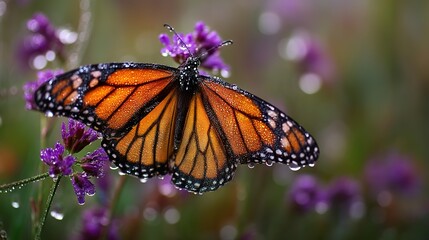 Obraz premium Macro monarch resting on purple flowers with fresh dewdrops — vibrant orange and black wings on purple blossoms with soft bokeh, ideal for presentations, social headers, and eco campaigns, ecology c