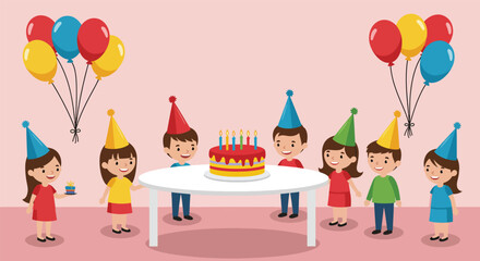 Children celebrating with a birthday cake and balloons.