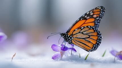 Obraz premium Macro monarch standing on purple blossoms with crisp detail — vibrant orange and black wings on purple blossoms with soft bokeh, ideal for branding, editorial spreads, and educational visuals, ecolo