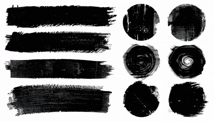Collection of abstract black brush strokes and circular paint splatters