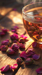 Fototapeta premium transparent cup of tea with dried roses on a wooden table