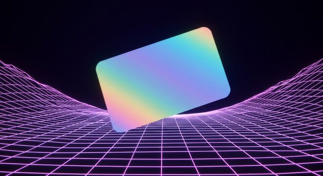 Holographic Blank Sticker Vector with Futuristic Grid Neon Effect