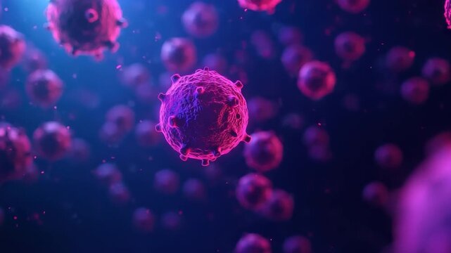 Colorful microscopic view of bacteria and viruses in a digital art style, illustrating their complex structures and interactions 4k video footage