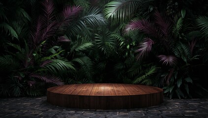 Fototapeta premium Lush tropical foliage surrounds a wooden platform for display
