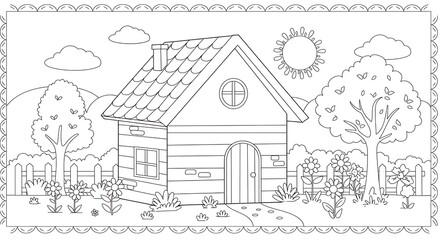 Obraz premium Cartoon cottage illustration in a garden surrounded by trees and sun