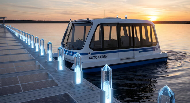 Modern autonomous ferry boat docks at a solar-powered pier during sunset.