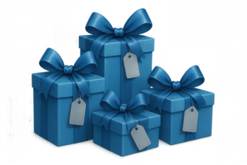 Blue gift boxes with ribbons and blank tags, celebrating holidays, birthdays, or special occasions