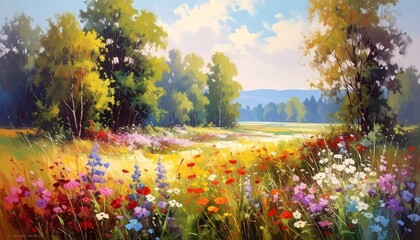 An idyllic countryside scene with vibrant wildflowers in the foreground, framing a sunny meadow and treeline under a bright blue sky