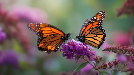Obraz premium Nature scene with two monarch butterflies facing on pink buddleia — vibrant orange and black wings on purple blossoms with soft bokeh, ideal for web banners, packaging, and eco themed marketing, eco