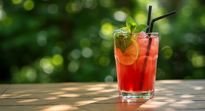 Refreshing red beverage with lime and mint leaves on wooden table outdoors