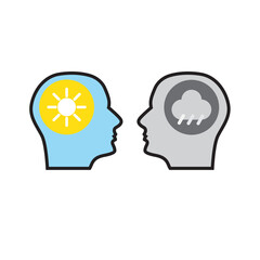 Optimist and pessimist psychology concept. Vector illustration. Blue man head silhouette isolated on white background for psychotherapy design. Mental health and depression.