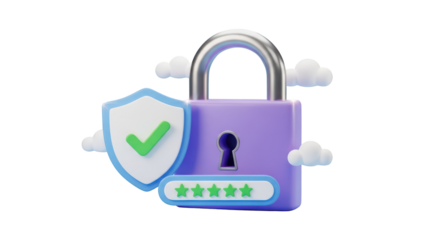 3D Purple Padlock Shield Check Mark Password Stars Clouds Transparent Background security isolated on a transparent background
