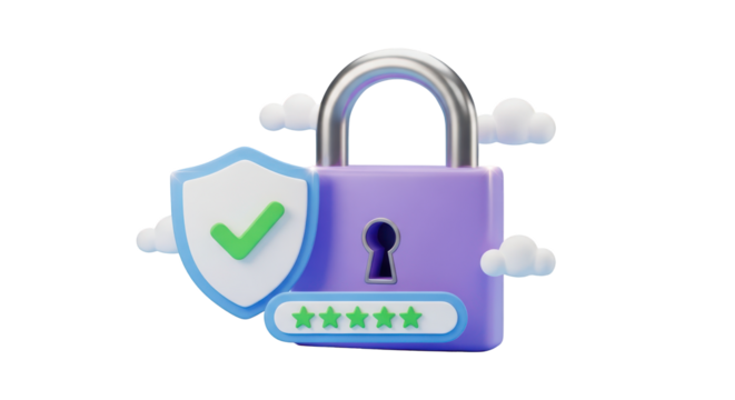 3D Purple Padlock Shield Check Mark Password Stars Clouds Transparent Background security isolated on a transparent background - Powered by Adobe