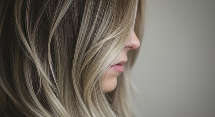 Close up of woman with blonde hair profile portrait against neutral background