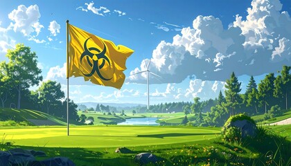 An idyllic golf course scene with a waving yellow flag bearing a biohazard symbol under a partly cloudy sky. Wind turbines and green foliage are present