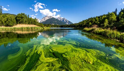 Serene lake with vibrant green algae