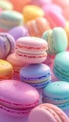 Fototapeta premium Pastel Colored Macarons Stacked Artfully with Vibrant Sprinkles and Delicate Shells with Soft Lighting