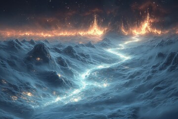 Large wave of water with fire in background.