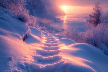 Snowy path leading to the sun.