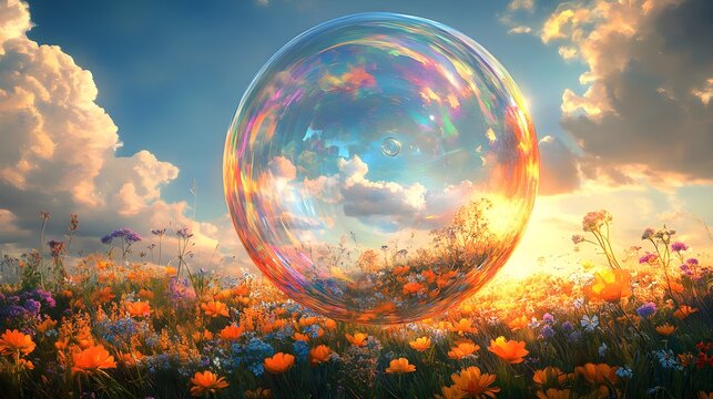 Giant bubble floating over a vibrant field of wildflowers under a sunny sky.