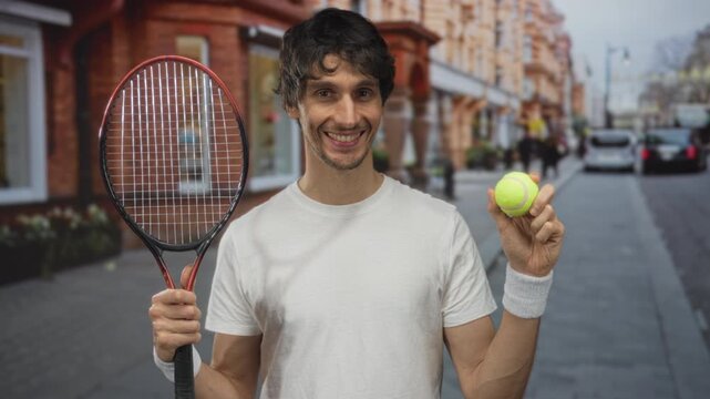 Young man wearing wristbands and a white tee holds a tennis racket and grips a neon ball on a bustling city street; enthusiasm.