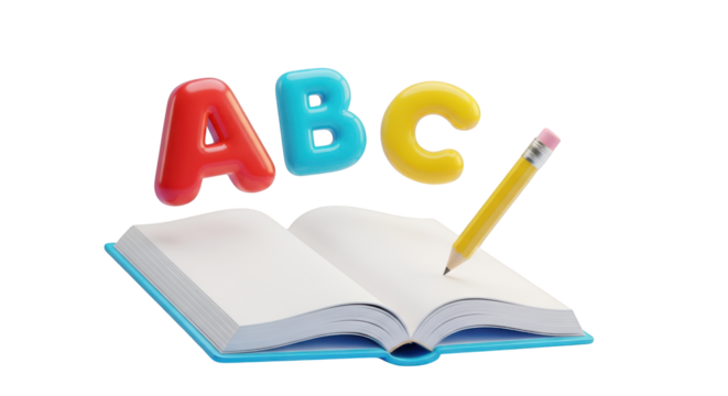 3D Rendered ABC Letters Floating Above Open Book and Pencil alphabet isolated on a transparent background