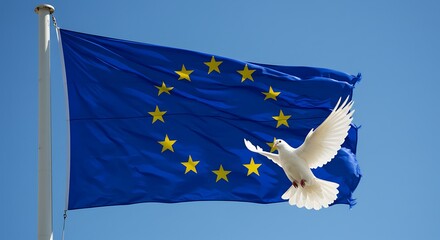European union flag with dove symbolizing peace against a blue sky