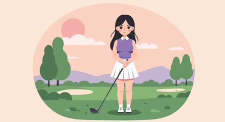 Young Woman in Golf Attire Ready to Tee Off on a Sunny Day.