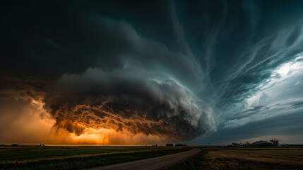 A rotating supercell produced a powerful tornado over a rural landscape, with dramatic cloud structure, strong rotation, and intense atmospheric energy on display.
