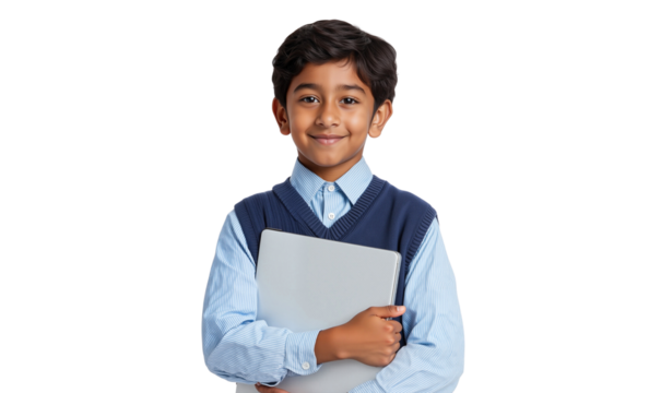 Cute little school boy holding a laptop, smiling confidently. Dressed in a school uniform, ready for education