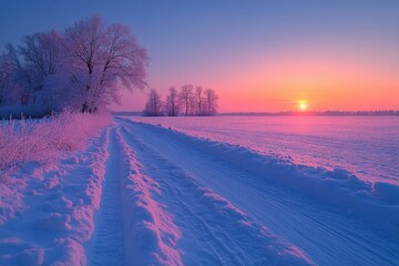 Snowy road cutting through field at sunset.