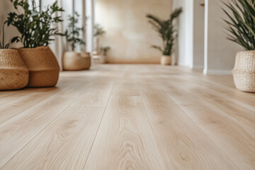 Natural light illuminates a serene hallway adorned with potted plants and sleek wooden flooring in a modern setting