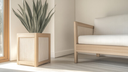 Modern interior design featuring a minimalist sofa and a large potted plant in a bright room
