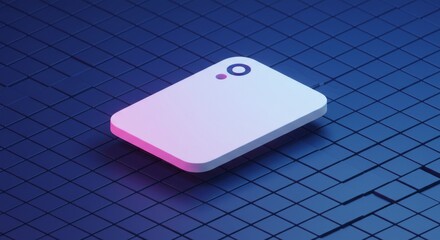 Isometric Square Blank Sticker Vector Floating in 3D Grid Space with Neon Glow
