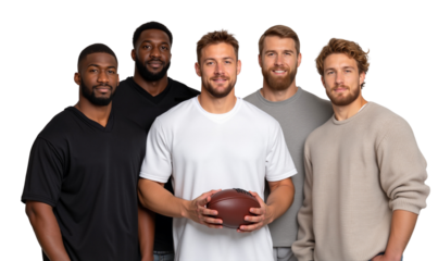 Diverse group of male football players, smiling at the camera. Represent sports, teamwork, and healthy, active lifestyles