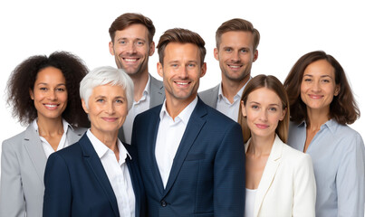 Diverse group of confident business people smiling, showcasing teamwork and corporate success