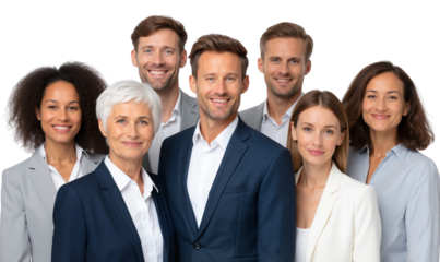 Diverse group of confident business people smiling, showcasing teamwork and corporate success