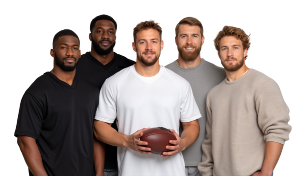 Diverse group of male football players, smiling at the camera. Represent sports, teamwork, and healthy, active lifestyles