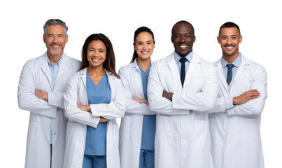 Smiling diverse group of medical team professionals, including doctors and nurses