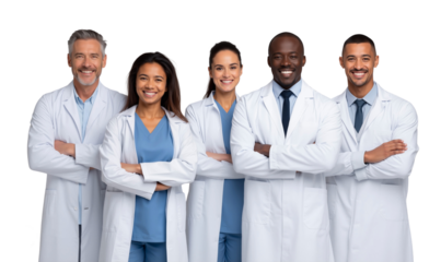 Smiling diverse group of medical team professionals, including doctors and nurses