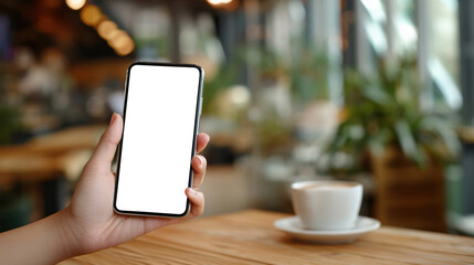 Hand with blank smartphone leaning on cafe table with coffee cup in background