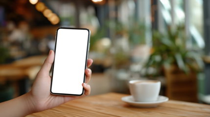 Hand with blank smartphone leaning on cafe table with coffee cup in background