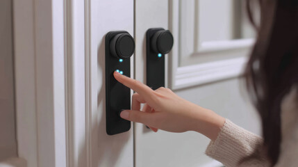 Person interacts with modern digital door lock, featuring sleek black design and illuminated touch interface