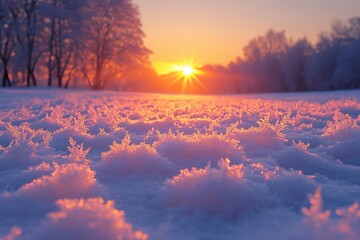Snowy field glistening with frost under a setting sun.