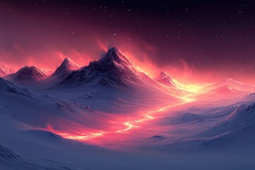 Stars twinkle over a mountain under a fiery red sky.