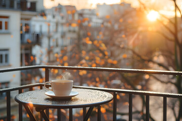 Morning Coffee on Balcony: A steaming cup of coffee sits peacefully on a balcony table overlooking a cityscape bathed in the soft glow of the morning sun.