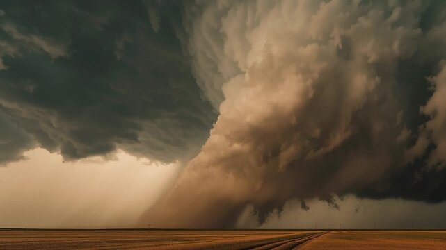 A rotating supercell produced a powerful tornado over a rural landscape, with dramatic cloud structure, strong rotation, and intense atmospheric energy on display.