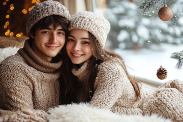 Couple in winter clothes sitting by window, singing.