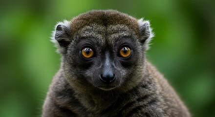 Obraz premium Close up portrait of a brown lemur with striking eyes against green backdrop