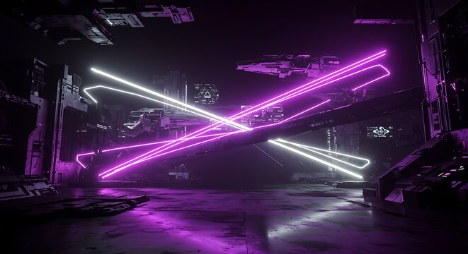 Futuristic neon light display with crossing lines and dark environment